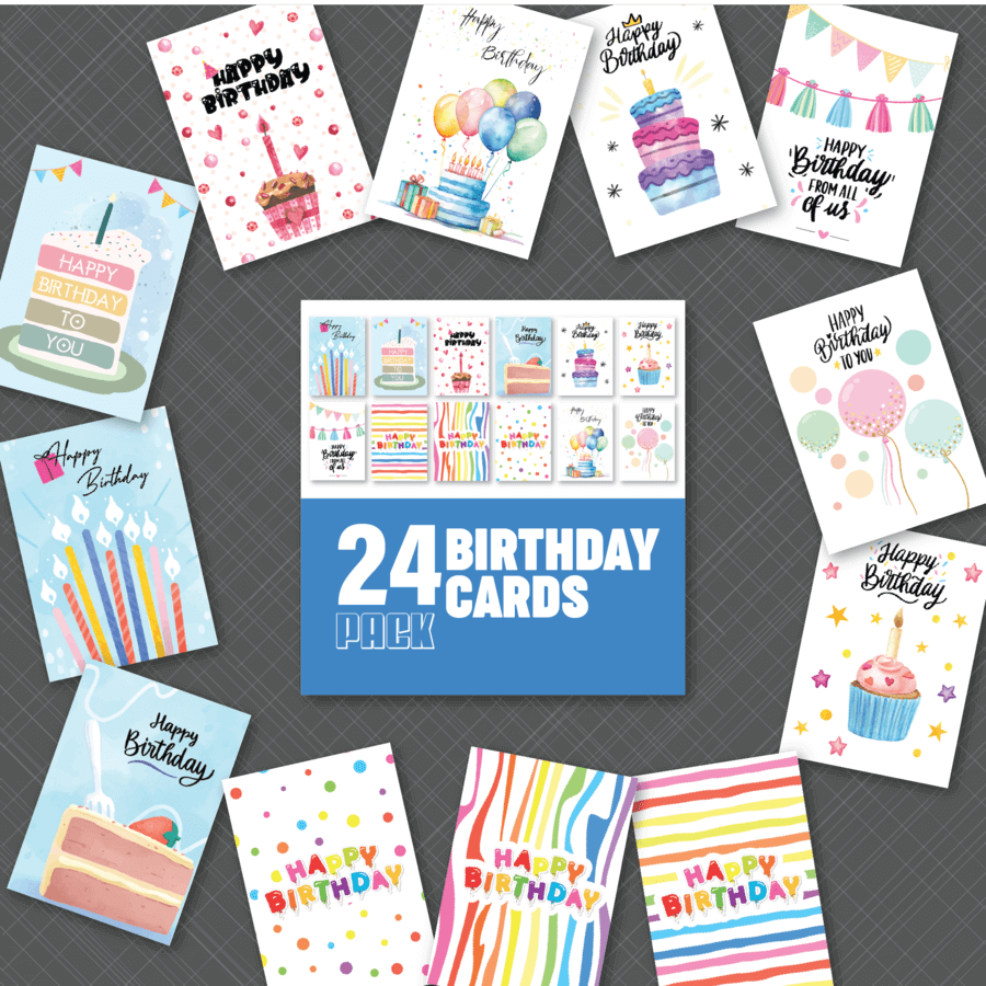 Multipack of assorted birthday cards with envelopes