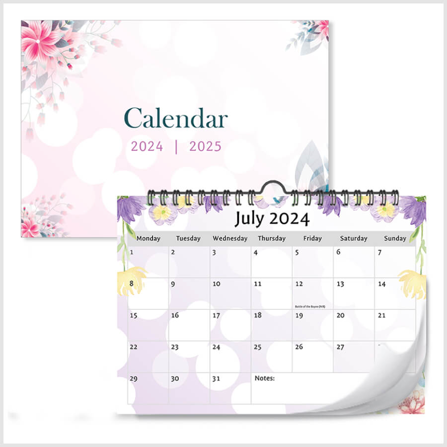 A4 Size Wire Bound Floral Calendar: July 2024 to December 2025