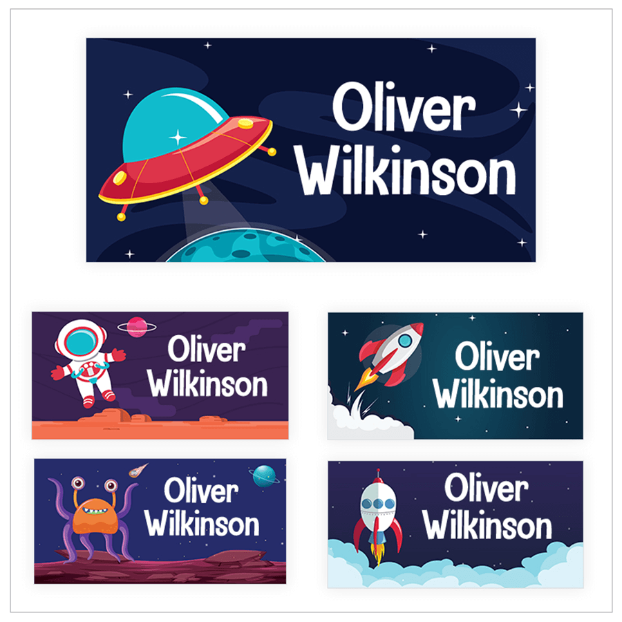 Space-themed name stickers